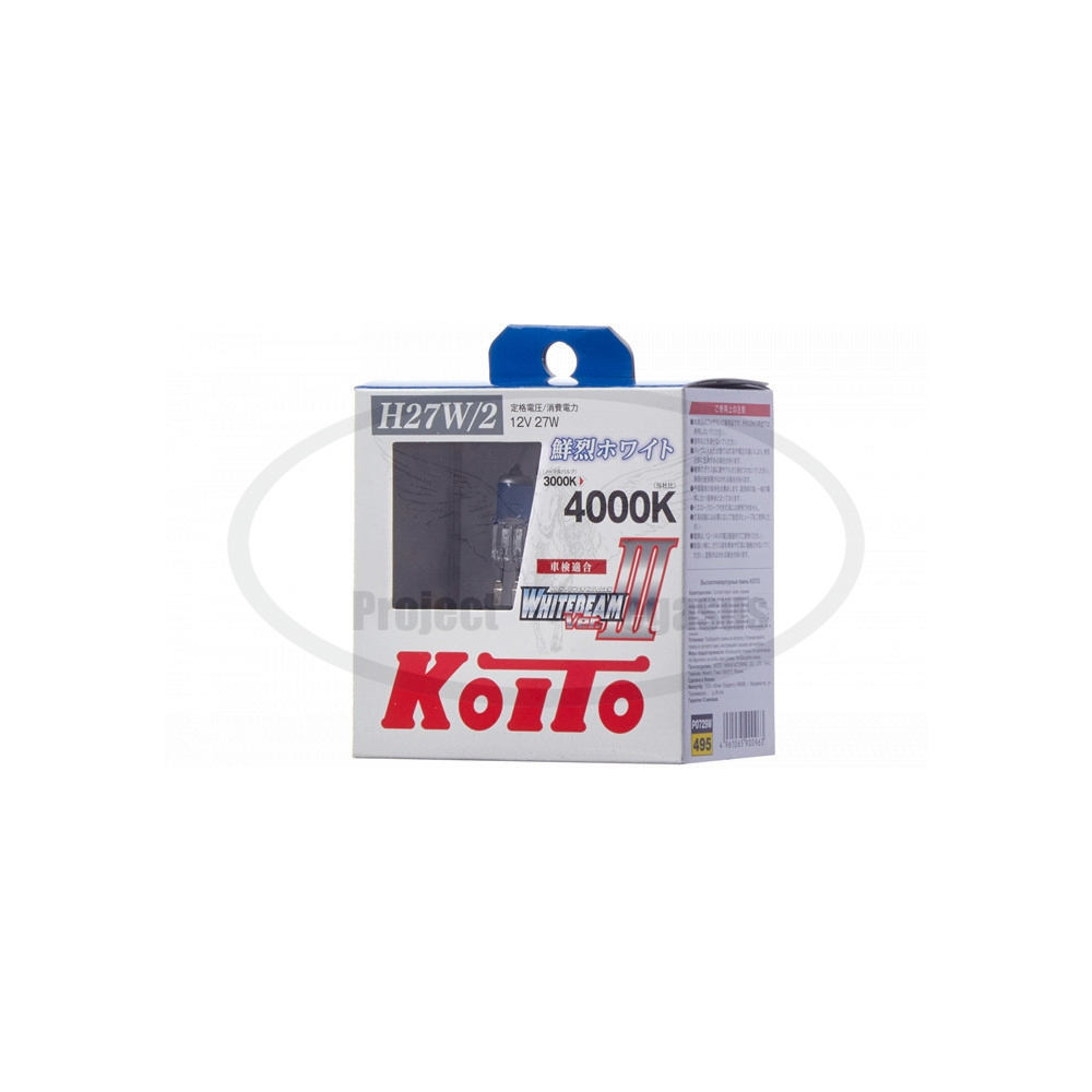 P0729W-Koito-Лампа высокотемпературная Koito Whitebeam H27/2 12V 27W (55W) 4000K (комплект 2 шт.)-2